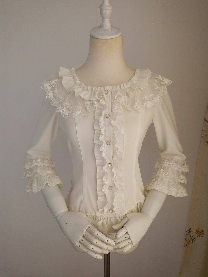 Vintage Round Neck 3/4 Trumpet Sleeve Lolita Blouse