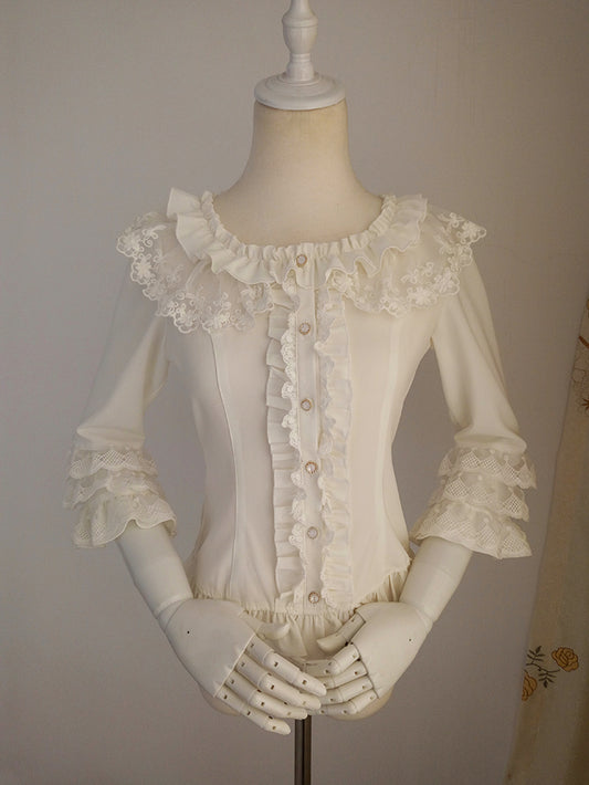 Vintage Round Neck 3/4 Trumpet Sleeve Lolita Blouse