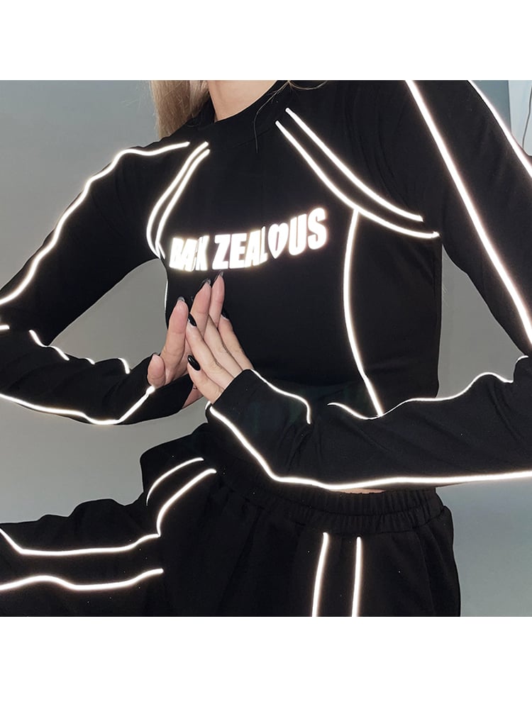 Kurzes Cyberpunk-Top, reflektierend, lange Ärmel, futuristisch