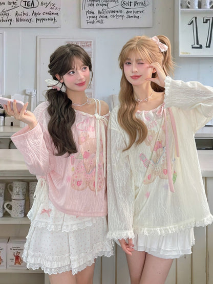 Pink/White Asymmetrical Neckline Drawstring Waist Teddy Bear Top