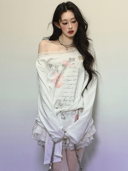 White Asymmetrical Neckline Printed Top with Tie Detail