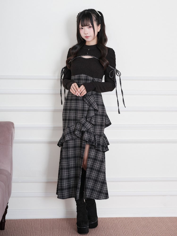 Black Jirai-Kei Faux Two-Piece Plaid Knit Long-Sleeve Dress, Ruffles & Hem Slit - No Genki
