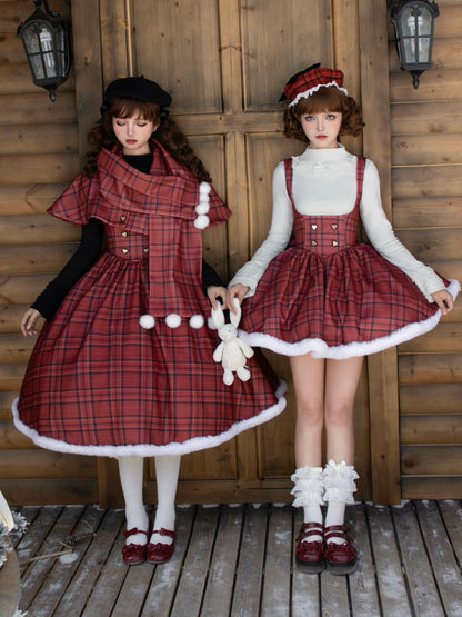 Red Plaid Pattern Under Bust Christmas Vibes Lolita Dress Boned Waist and Plush Hemline Short Version