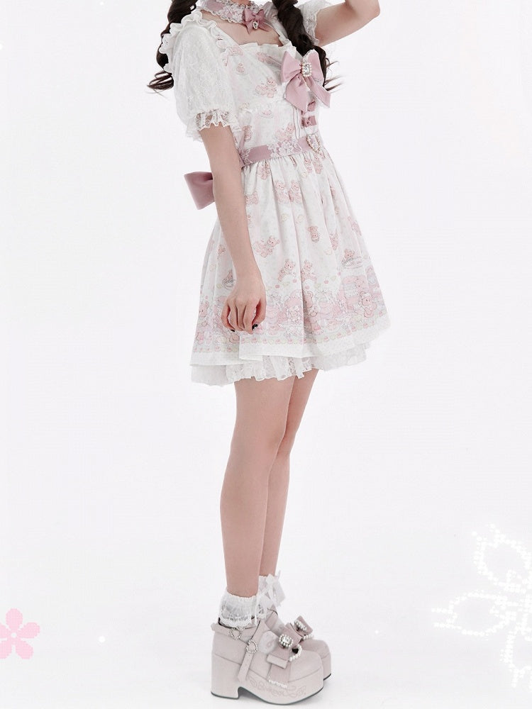 Ryousangata Style Pink Bear Print Square Neck Short-Sleeve Dress with Lace and Bow Details - Shi Zhai Xin