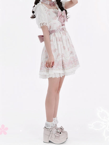 Ryousangata Style Pink Bear Print Square Neck Short-Sleeve Dress with Lace and Bow Details - Shi Zhai Xin