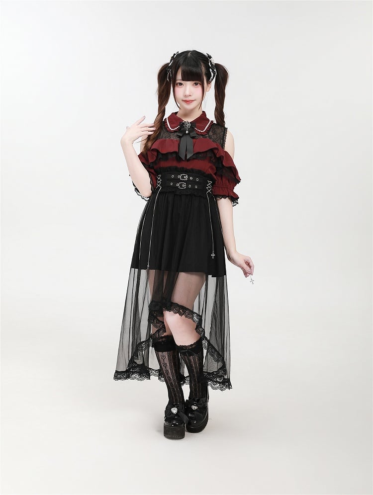 Double Kei Skirt Detachable Cross and Black with Buckles Chain Overlay Jirai Tulle