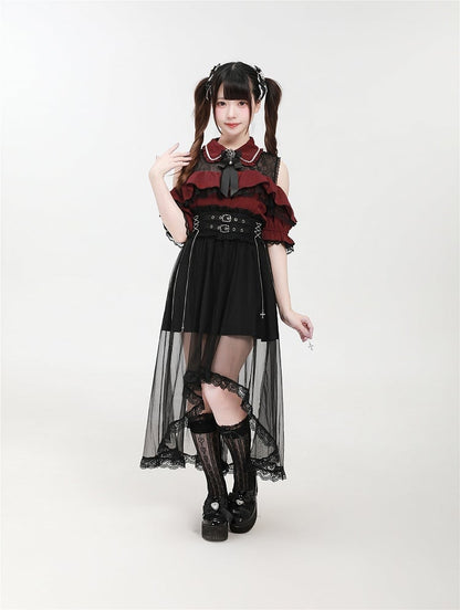 Double Kei Skirt Detachable Cross and Black with Buckles Chain Overlay Jirai Tulle