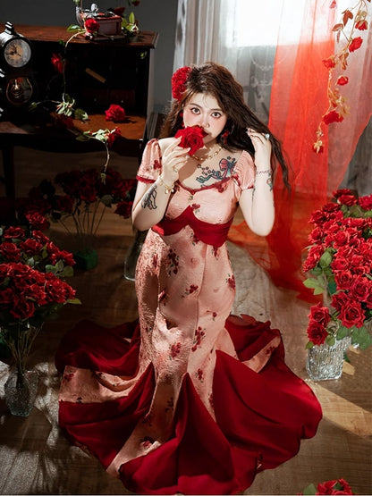 裾スカート プラスサイズ メッシュ レッド ロゼットプリント ドレス パッチワーク マーメイド