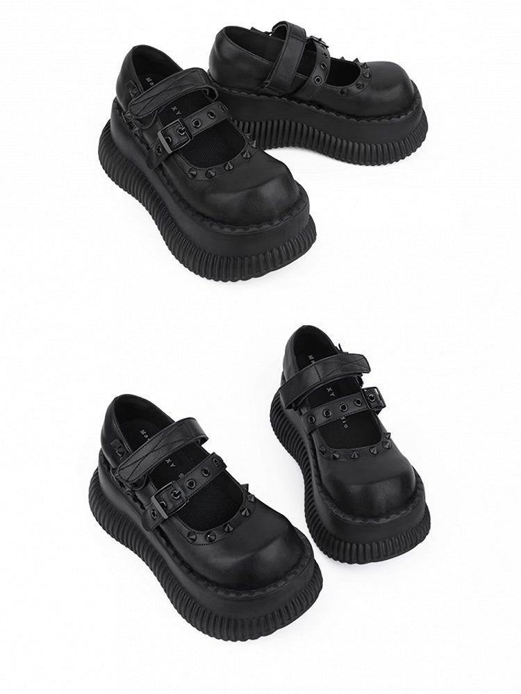 Style Straps Jane Shoes Punk Details and Studs Mary in Black Velcro with Platform Buckle