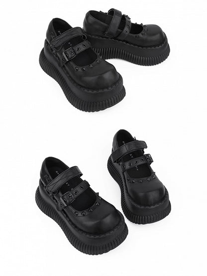 Style Straps Jane Shoes Punk Details and Studs Mary in Black Velcro with Platform Buckle