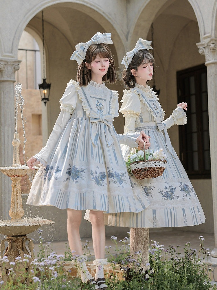 Blue & White Striped Floral Embroidered JSK Set with Knit Top, Belt & KC - With PUJI