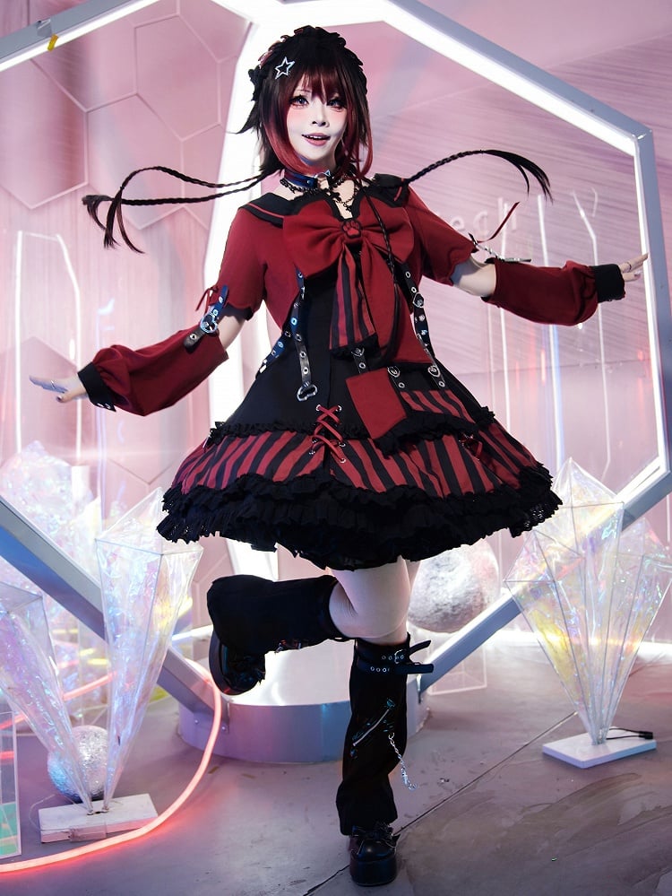 JSK Collar and Ears Red Dress Gothic Sailor Striped Pattern Big + Kitty Bow Top Lolita Black Cropped