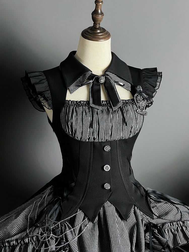Halloween Hem Gray and Dress Black Boned Drawstring Pattern Lolita Striped Gothic Waist