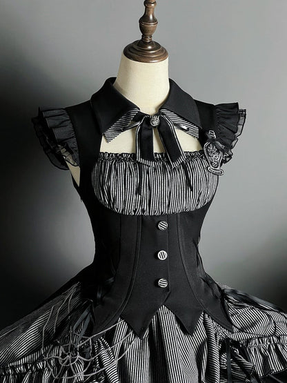 Halloween Hem Gray and Dress Black Boned Drawstring Pattern Lolita Striped Gothic Waist