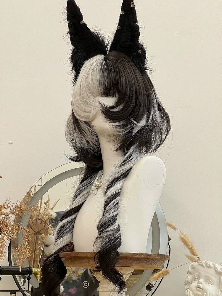 Black-White Mixed 74cm Roman Curly Full Bangs Wig - Alice Garden