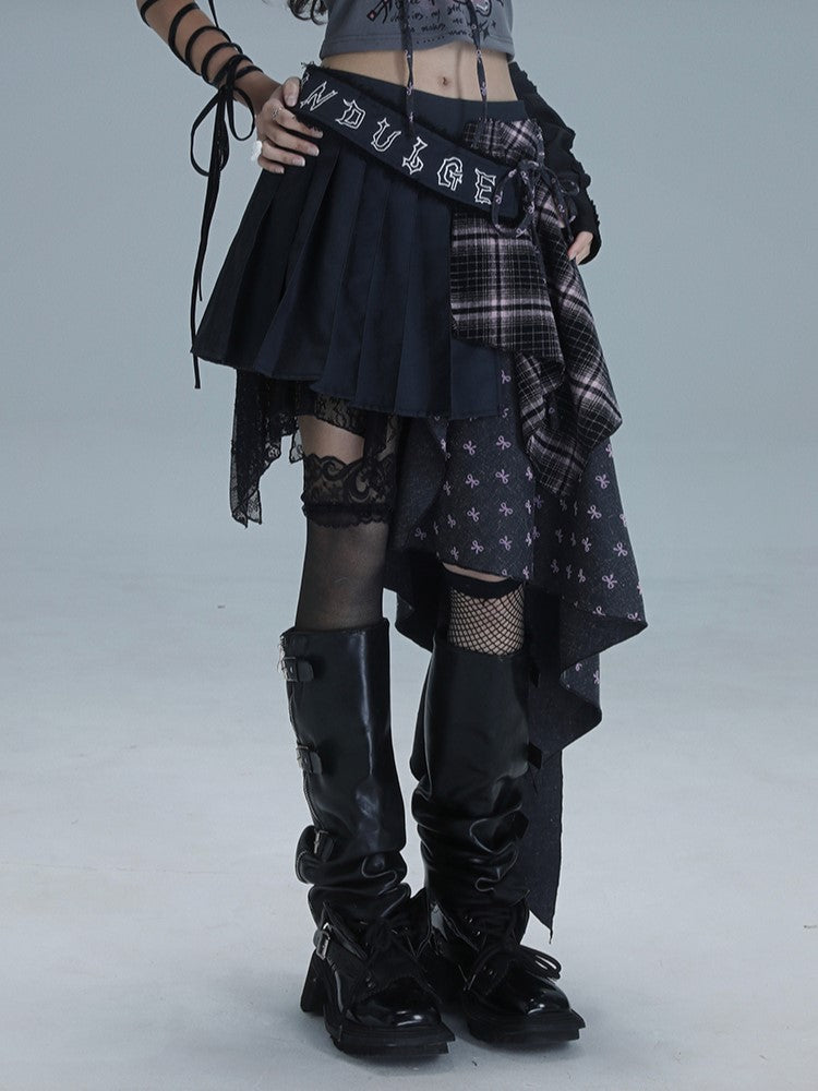 Gray Bow Pink Dark Plaid Asymmetrical Punk Pleated Skirt Print Panels with Patchwork