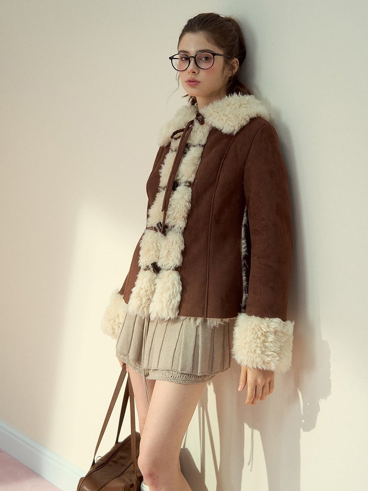 with Vintage Brown Toggle Collar Button Jacket Fur