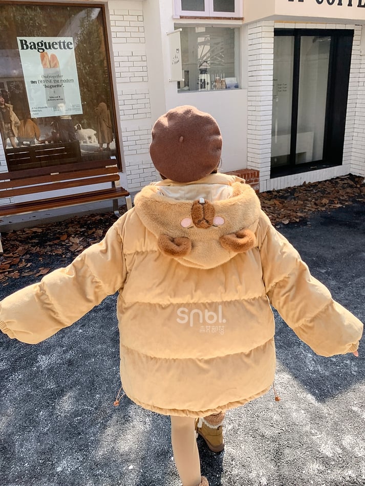 Khaki Cute Capybara Adorned Hooded Down Jacket Detachable Hood