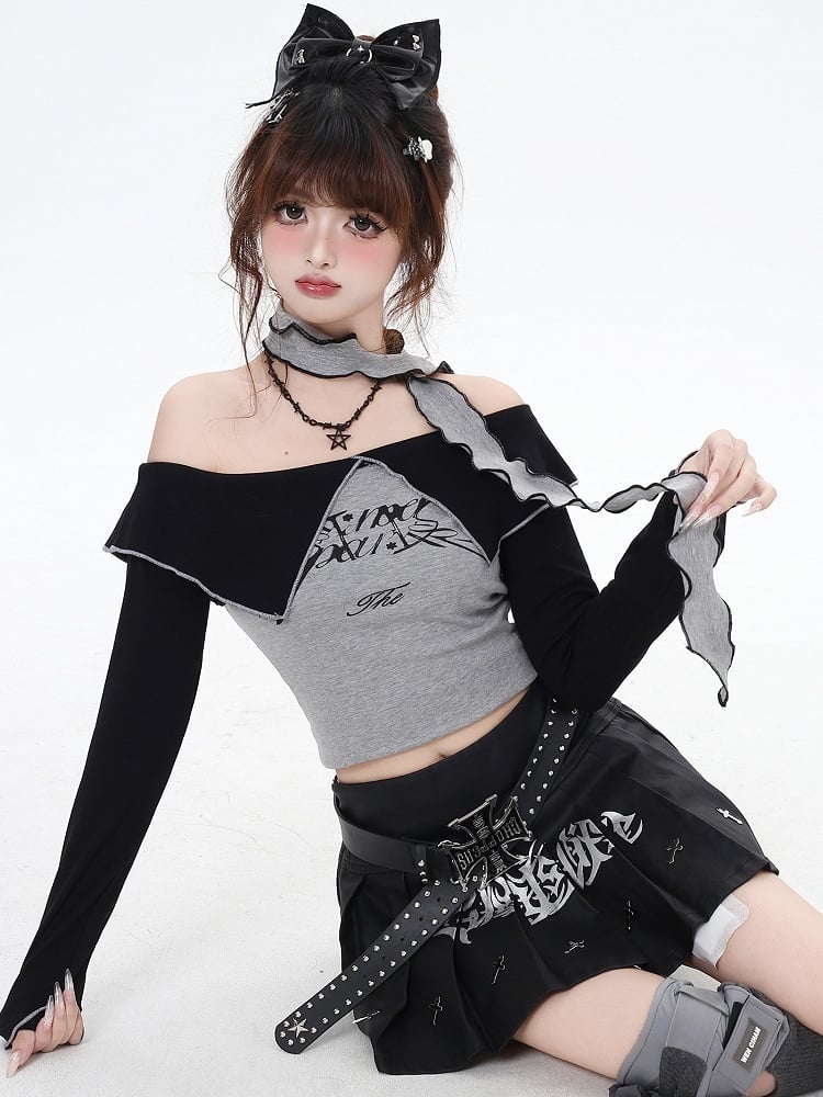 Grey Letters Off-the-shoulder Neckline Cropped Top with Free Scarf