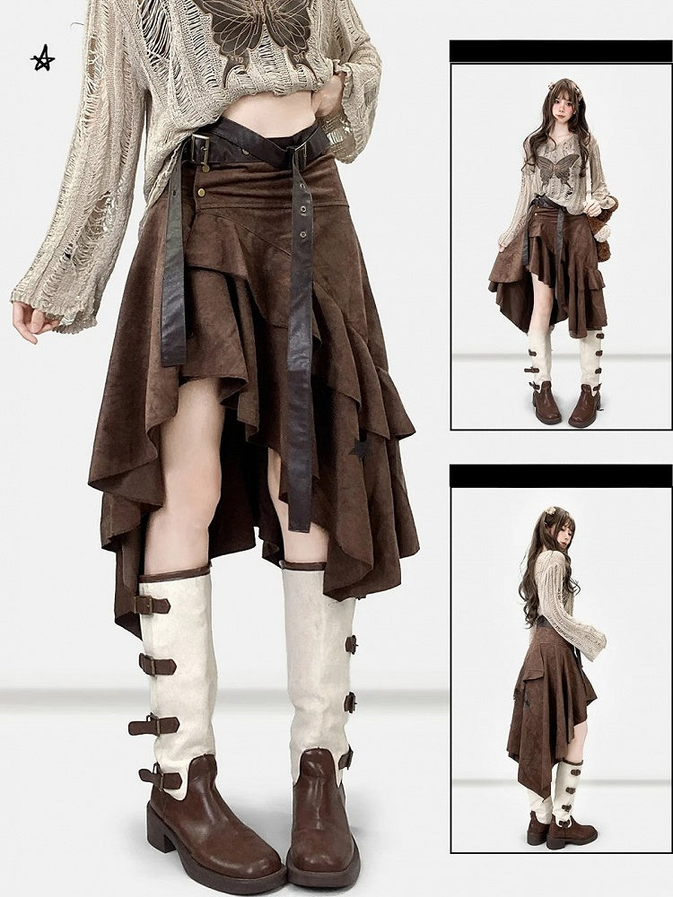 コーヒーヘムウェイストランドアシンメトリースカートブラウンパンク