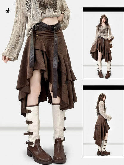 コーヒーヘムウェイストランドアシンメトリースカートブラウンパンク