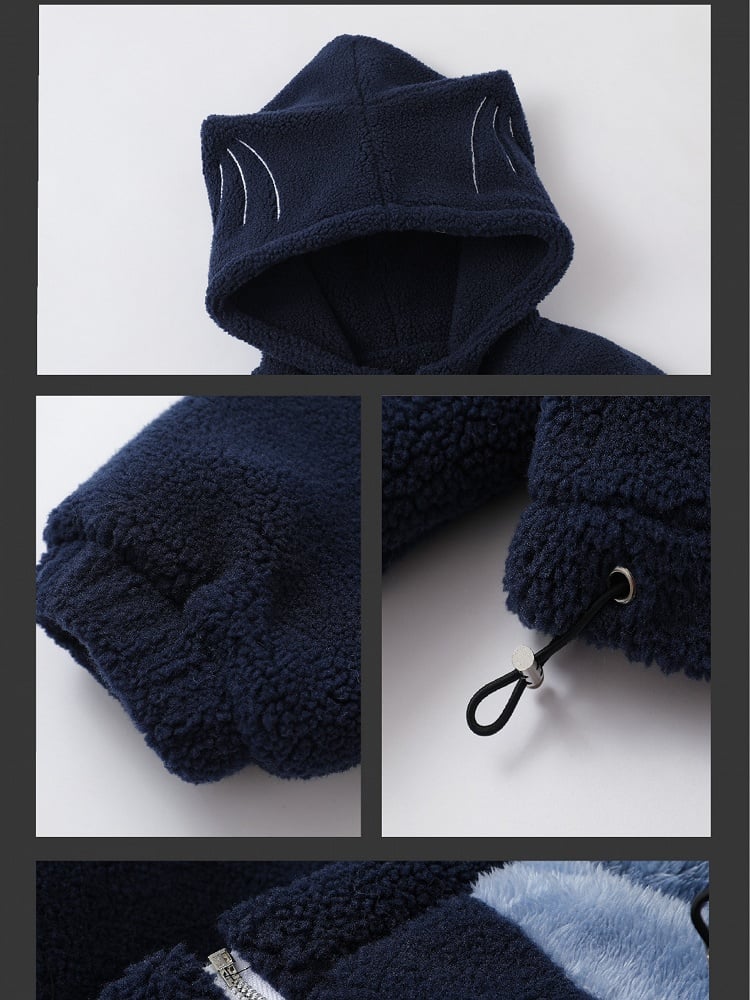 Grün/Marineblauer Fleece-Kapuzenpullover mit süßem Katzenohren-Design