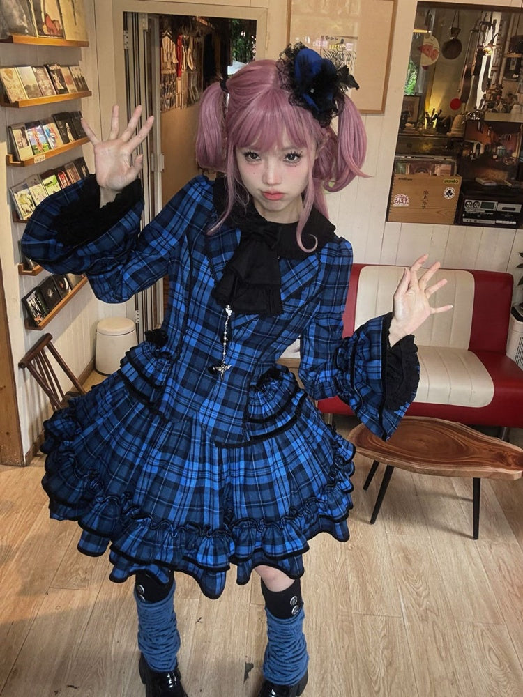 Lapel Notched Set School Blazer + Old Plaid - Lolita Ruffled Skirt Blue