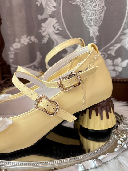in Brown at Lace Lolita Trim Round Mid Toe Bow PU Top. Heel Heels Pudding Sweet Yellow