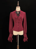 Jabot Tie and Ruffled Red Blouse Placket Long-sleeved Lolita with