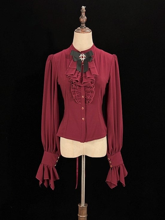 Jabot Tie and Ruffled Red Blouse Placket Long-sleeved Lolita with
