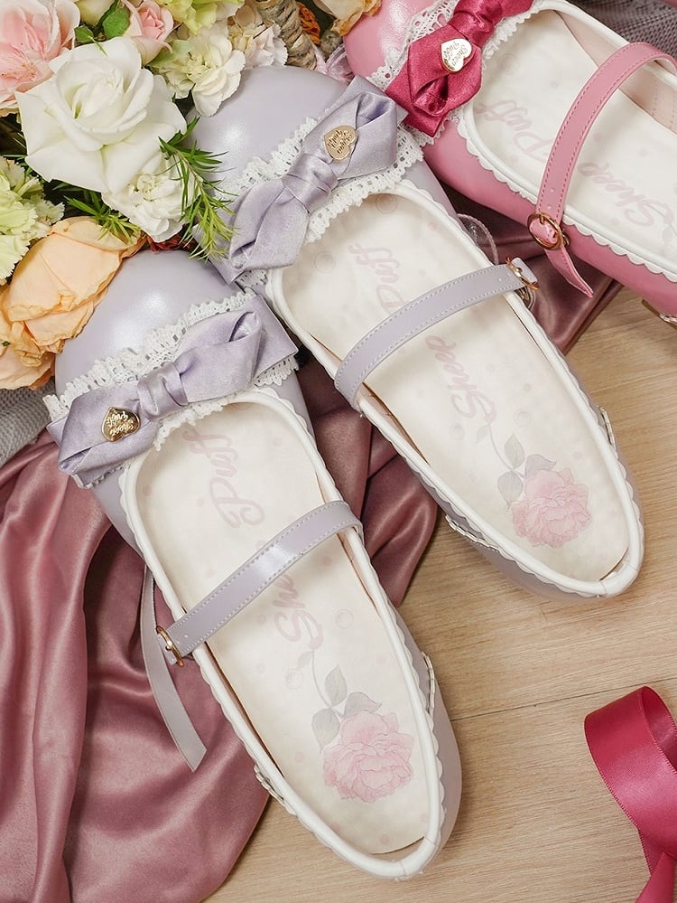 Low-Heel Purple Sophisticated Lolita Shoes - Ornate Heart Bow with Delicate Lace & Scalloped Hemline