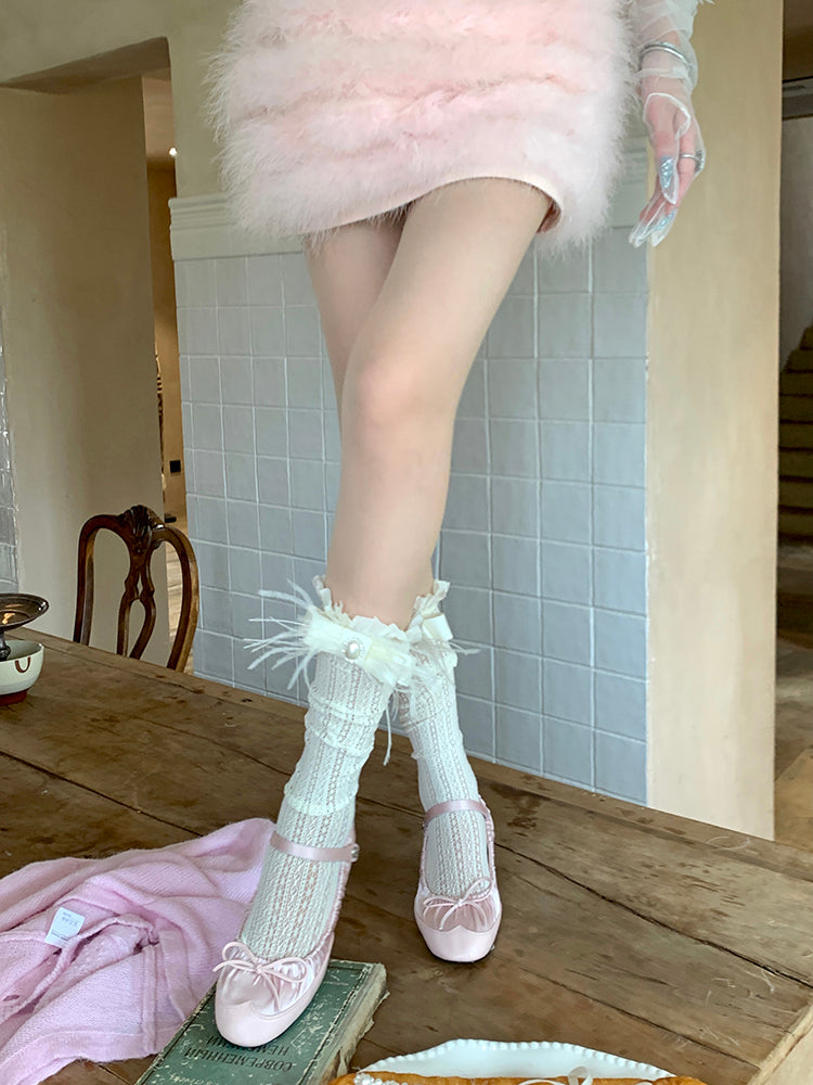 Decoration with Feather Socks White/Black Calf Ruffled Bowknot Creamy Lace