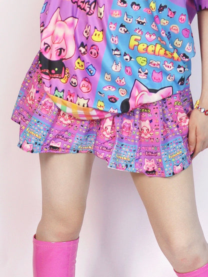 Y2K Cartoon Plaid Skirt Colorful Print Pattern