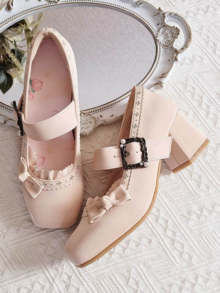 Closure Apricot Lolita Cut-Outs Low-heel/Mid-heel Shoes with Floral PU Classic Snap Practical