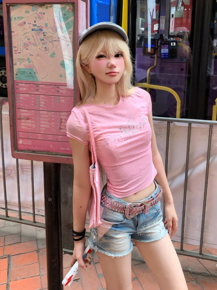 Cropped T-Shirt Embellished Pink Round Neck Rhinestones