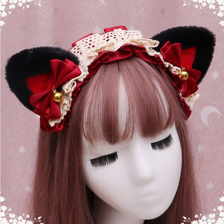 4 Clochette Kitty Lolita en peluche noire avec décorations colorées, dentelle mignonne et oreilles à nœuds rouges