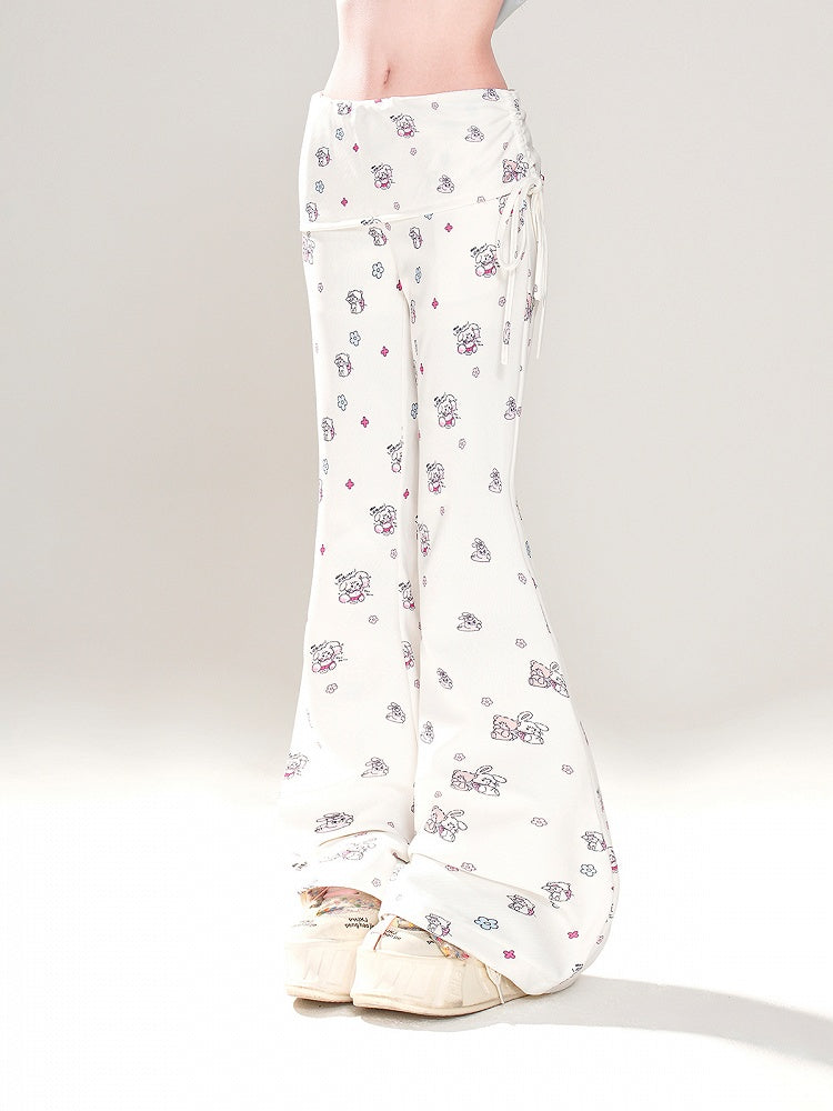 Adorable Bear and Bunny Print Drawstring Design Side White Glamorous Flared Pants