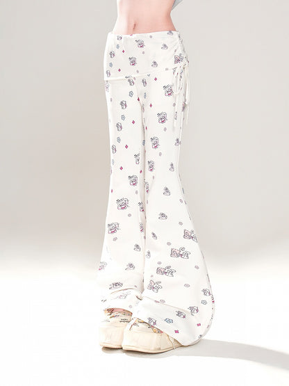 Adorable Bear and Bunny Print Drawstring Design Side White Glamorous Flared Pants