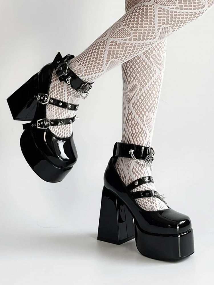 Studded Polished Coffin-Shaped Spider High Block - Black Accents Platform Details Heels Buckle Gothic with