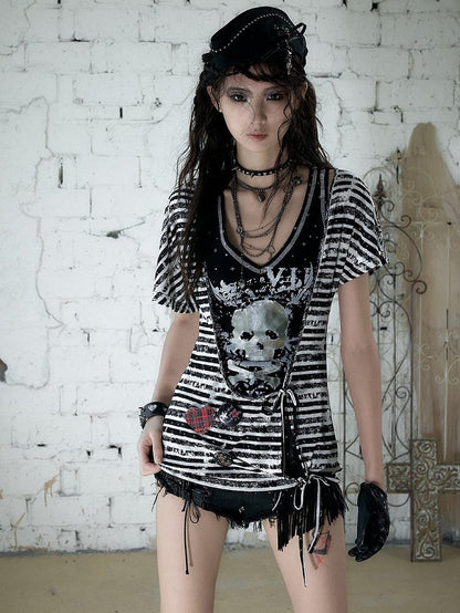 Black White Street Punk Two-Piece Set with Asymmetric Top and Skull Tank - NO ROMANCE