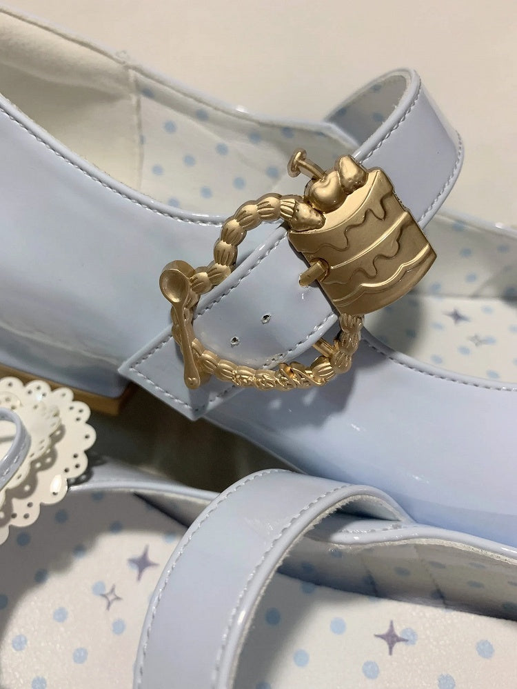 Schleife mit Design Cake Blue - Absatz Layered Lolita Schuhe Schnalle Pumps Light Low Cute