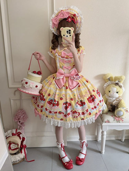 Kuchen süße süße Erdbeere ein Ärmel gelbes Kleid Lolita Stück Kurzdruck