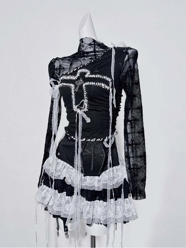 Gothic Black Illusion Neckline Contrast Lace Trim Cross Pin Top