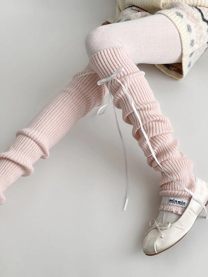 (3 Ribbed Bow Detachable Colors) Leg Warmers