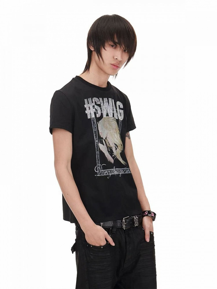 Genderless Punk Black Tee with Girl Rhinestone Print - DETW OnLine