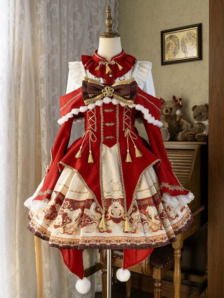 with Gold and Red Details Sleeves Dress Embroidery Tassel Chinoiserie Lolita Bell Beige