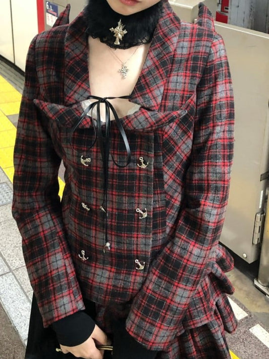 Devil with Wool Lace-up Red and Nautical Horn Coat Plaid Back Accents
