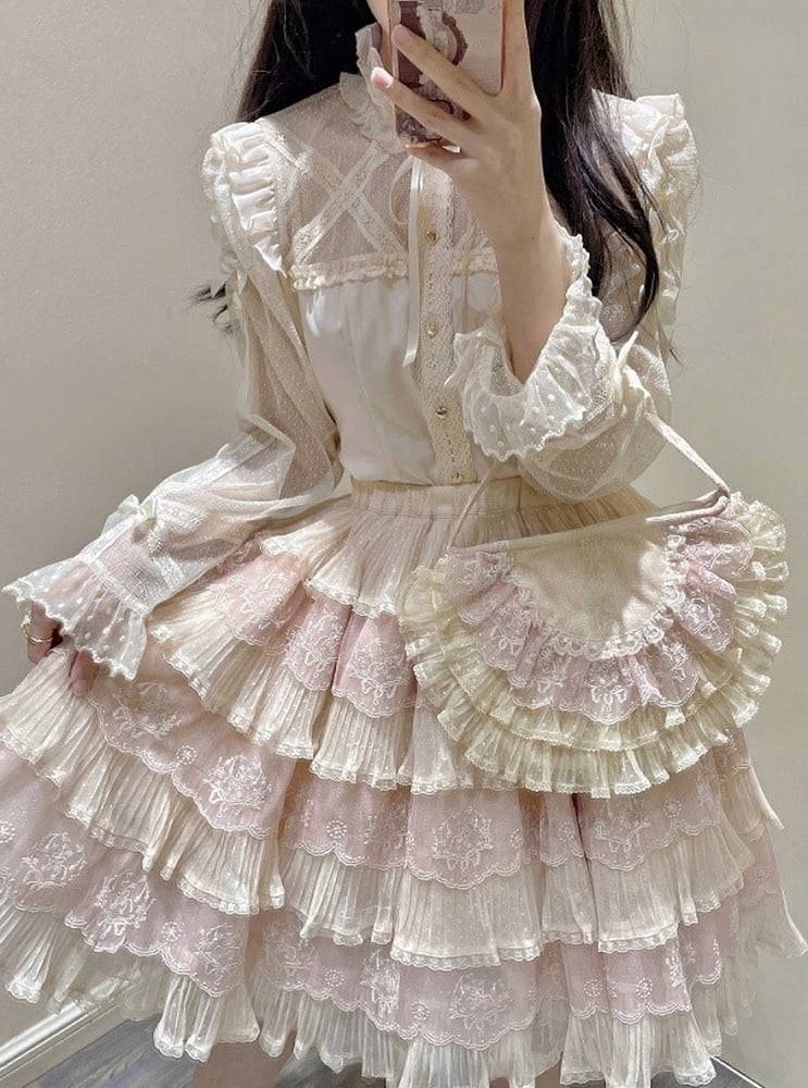 Tulle Details Skirt Beige Elegant Flower Embroidery with Pink Lolita Multi-Layered