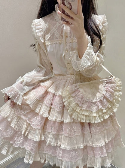 Tulle Details Skirt Beige Elegant Flower Embroidery with Pink Lolita Multi-Layered