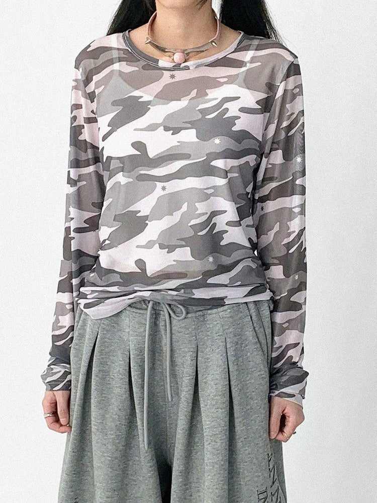 Light Pink Sheer Camouflage Round Neck Long Sleeve T-Shirt - innomoood